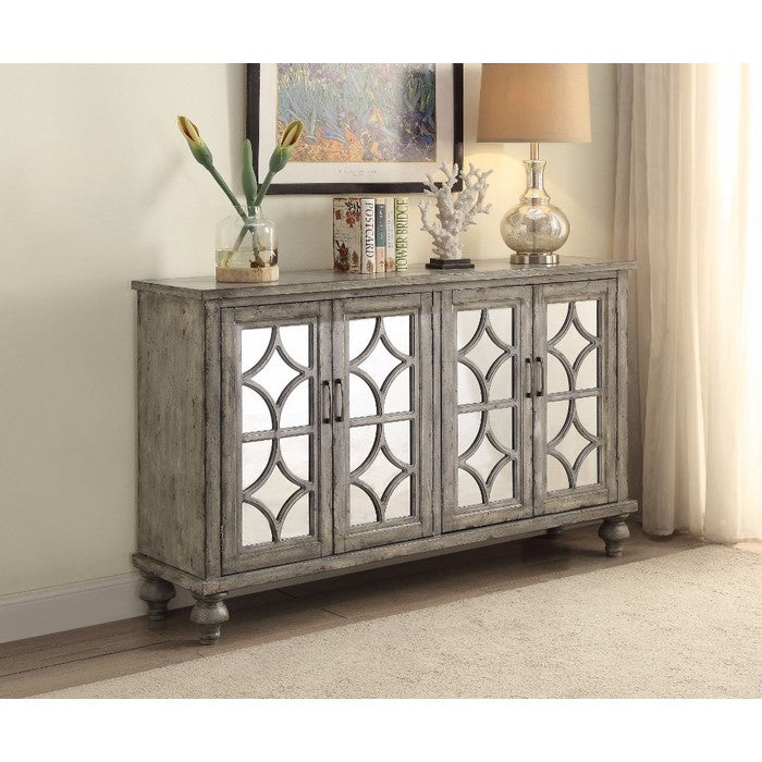 Wooden Console Table with Diamond Pattern Mirror Inlay 4 Cabinets, Gray