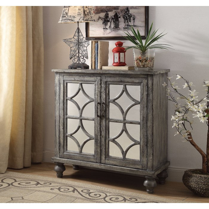 Wooden Console Table with 2 Doors and Mirror Fronts, Weathered Gray