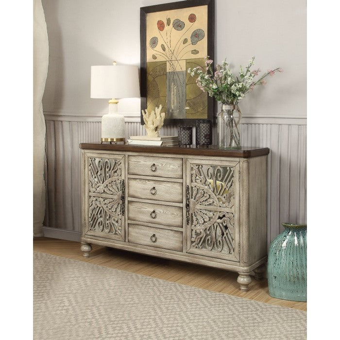 2 Carved Mirror Cabinet Wooden Console Table with 4 Drawers, Antique White