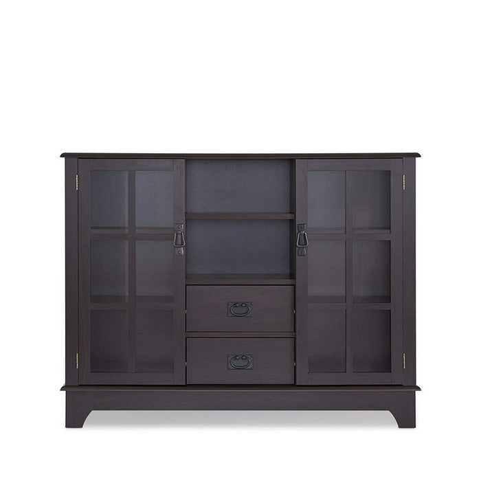 2 Glass Door Wooden Console Table with 2 Drawers, Espresso Brown