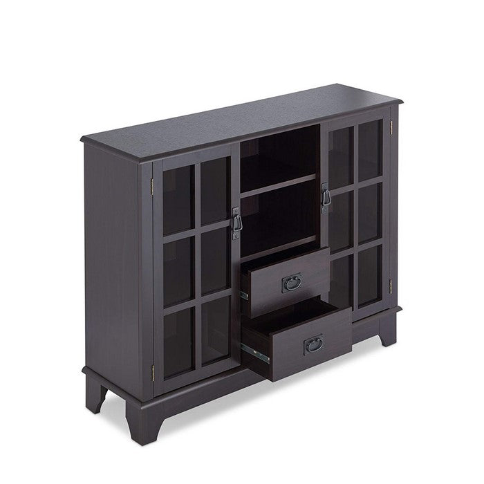 2 Glass Door Wooden Console Table with 2 Drawers, Espresso Brown