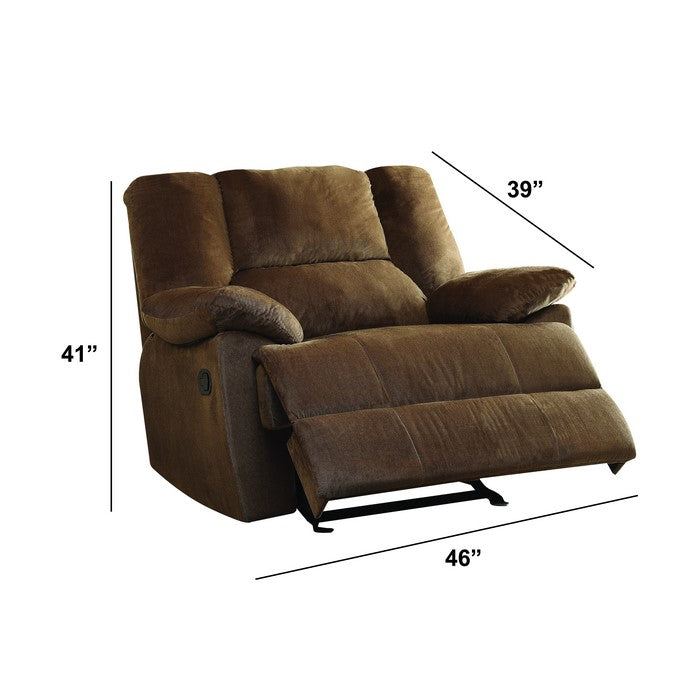Fabric Wide Recliner with Pull Tab and Pillow Top Arms, Brown