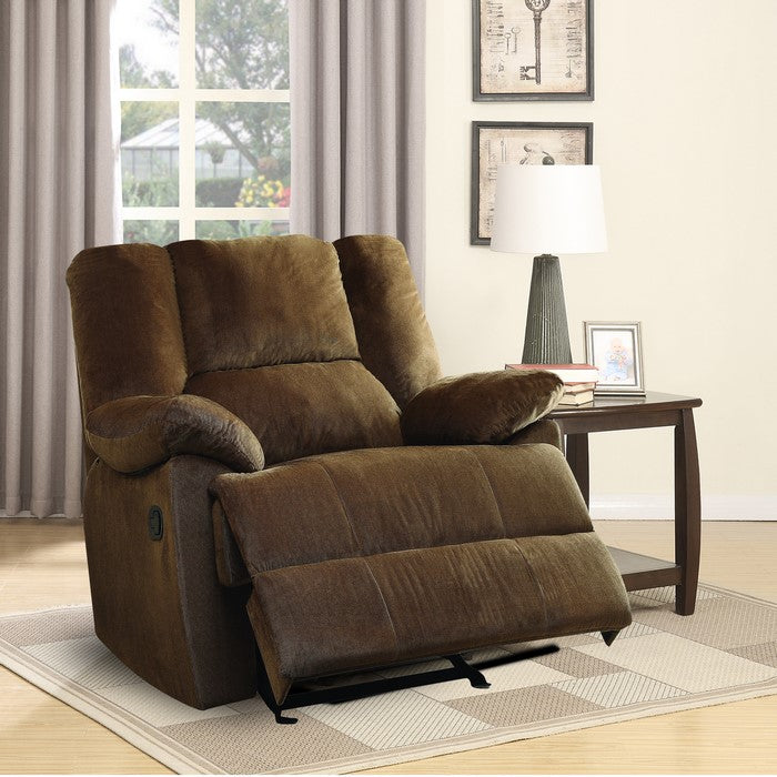 Fabric Wide Recliner with Pull Tab and Pillow Top Arms, Brown