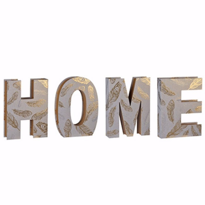 Beautiful 'HOME'Decor With Feather Accents, White and Gold, Set of 4