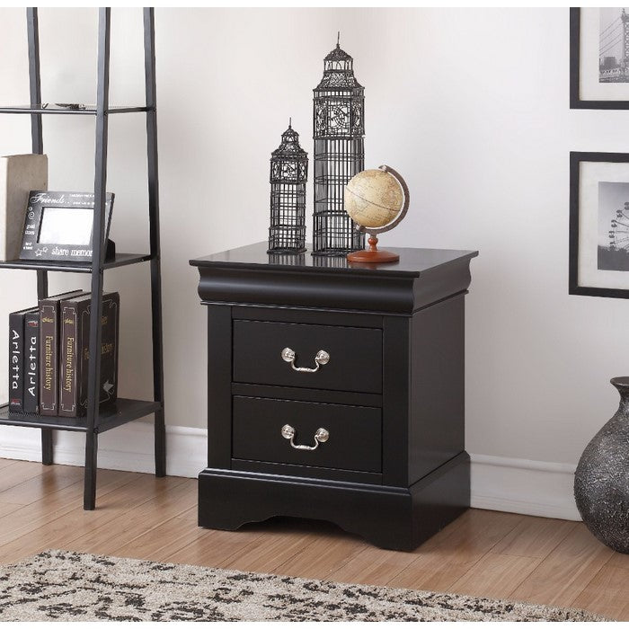 2 Drawer Wooden Nightstand with Antique Metal Handles, Black