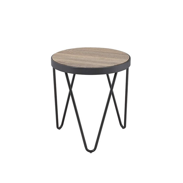 Round Wooden Banded Top End Table with Hairpin Legs, Gray