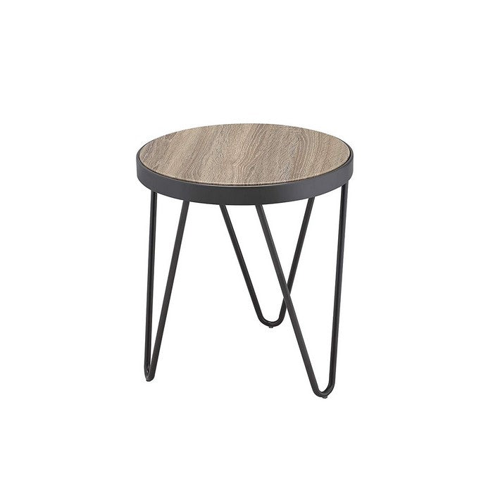 Round Wooden Banded Top End Table with Hairpin Legs, Gray