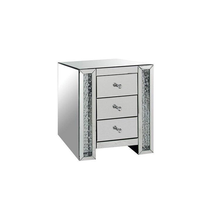 3 Drawer Mirrored Nightstand with Faux Crystals Inlay, Silver