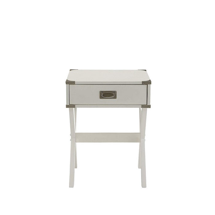 1 Drawer Wooden End Table with X Shaped Legs and Metal Brackets, White