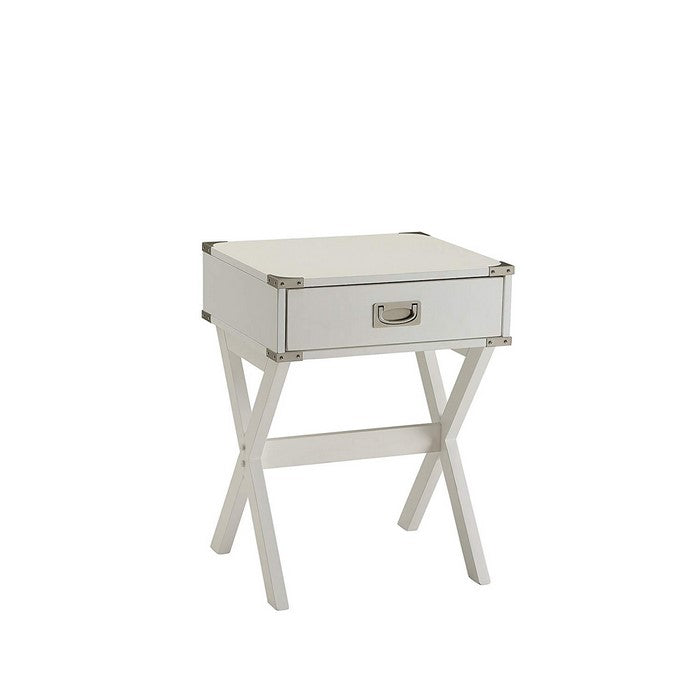 1 Drawer Wooden End Table with X Shaped Legs and Metal Brackets, White