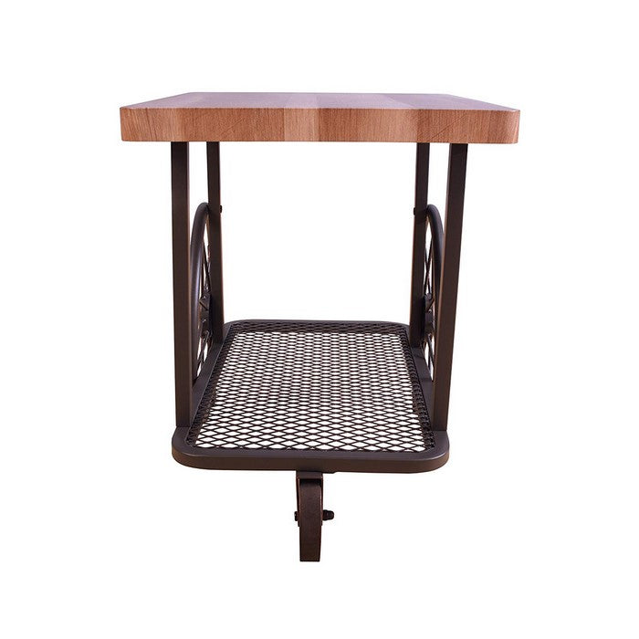 Cart Design Wooden and Metal End Table with Bottom Shelf, Brown and Bronze