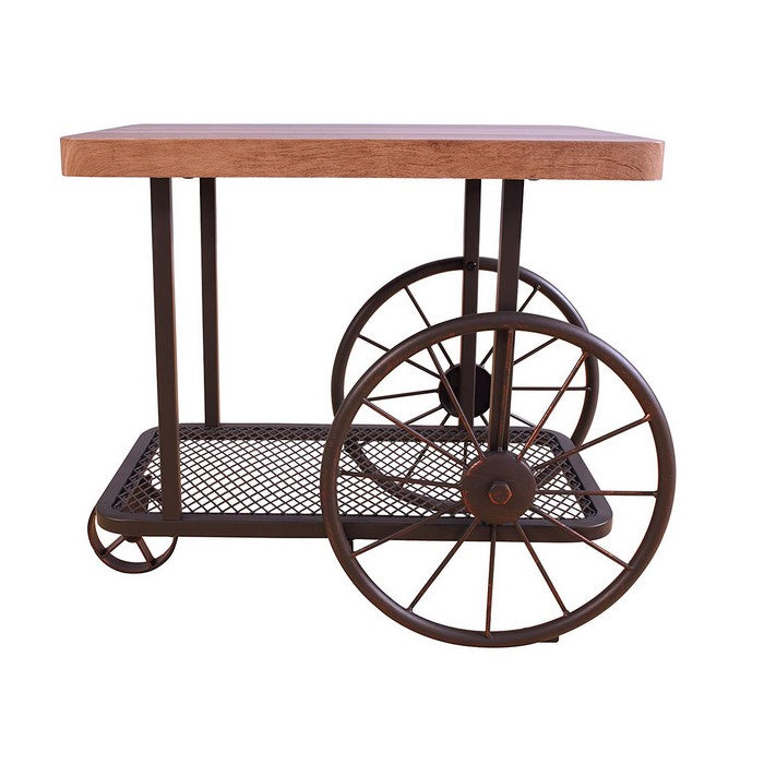 Cart Design Wooden and Metal End Table with Bottom Shelf, Brown and Bronze
