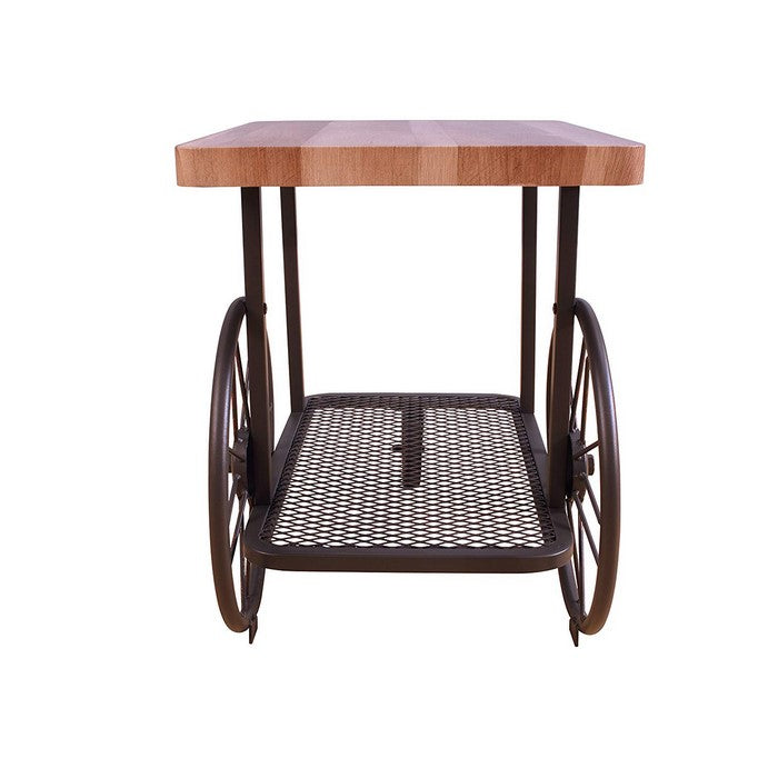Cart Design Wooden and Metal End Table with Bottom Shelf, Brown and Bronze