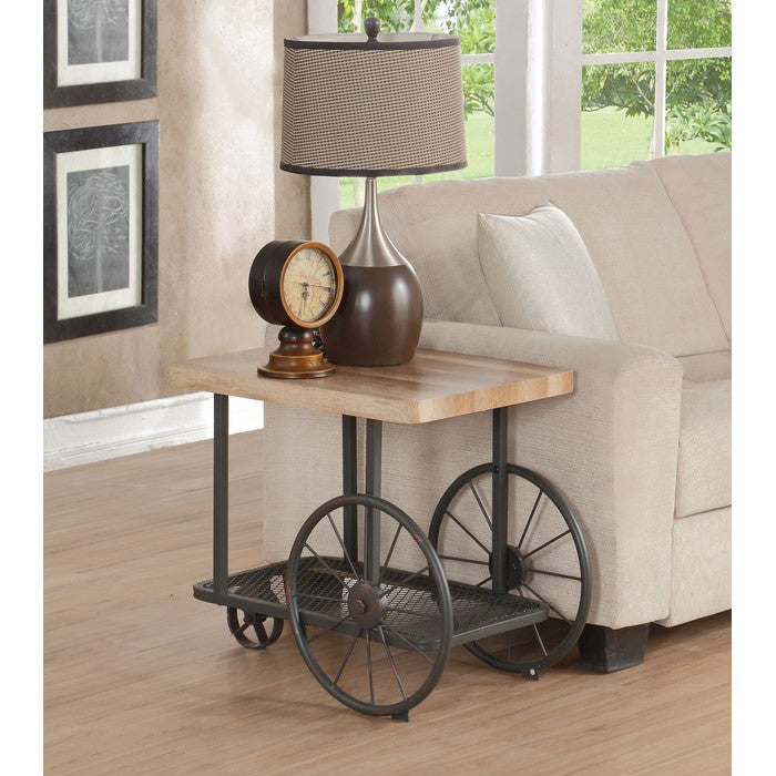 Cart Design Wooden and Metal End Table with Bottom Shelf, Brown and Bronze