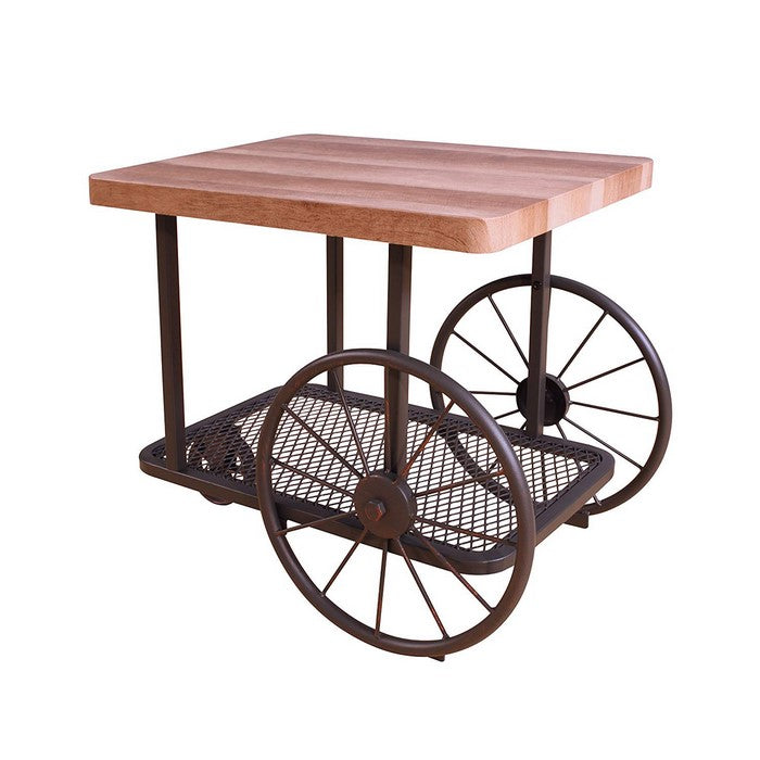 Cart Design Wooden and Metal End Table with Bottom Shelf, Brown and Bronze