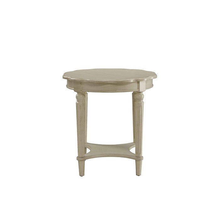 Wooden End Table with Scalloped Round Top and Turned Legs, Antique White