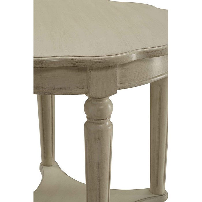 Wooden End Table with Scalloped Round Top and Turned Legs, Antique White