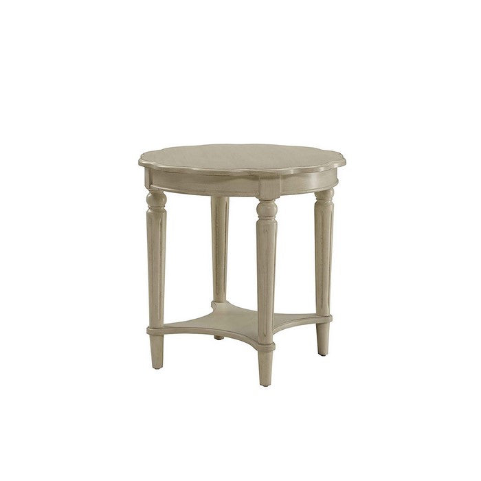 Wooden End Table with Scalloped Round Top and Turned Legs, Antique White