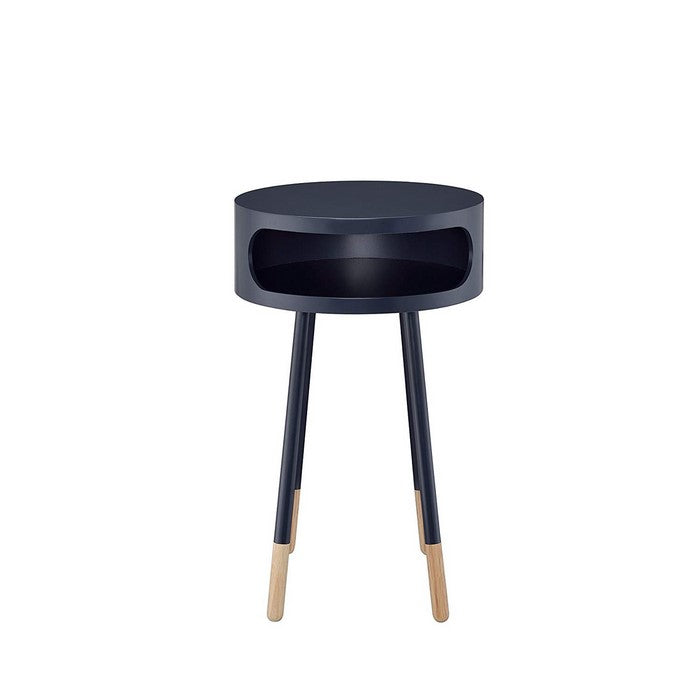 Wooden Round End Table with Open Storage Compartment, Blue
