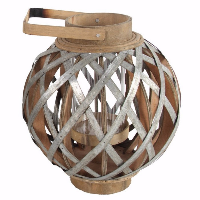 Wood and Metal Round Shanghai Lantern, Silver and Brown