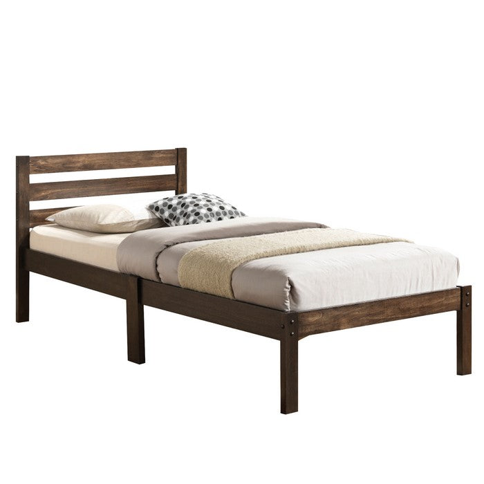 Wooden Twin Size Bed with Slatted Design Headboard, Rustic Brown