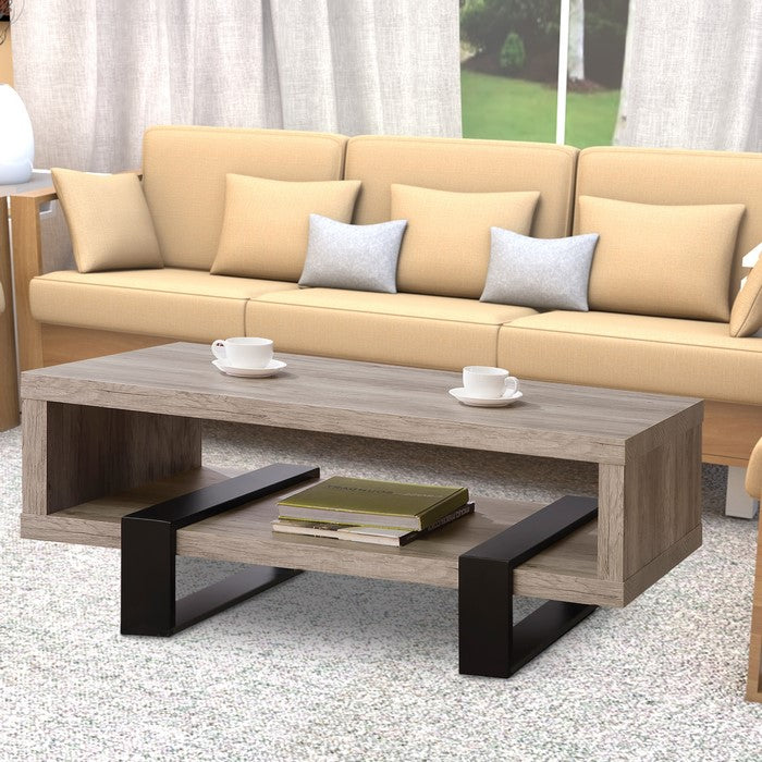 Modern Driftwood Open Shelf Coffee Table, Gray and Brown
