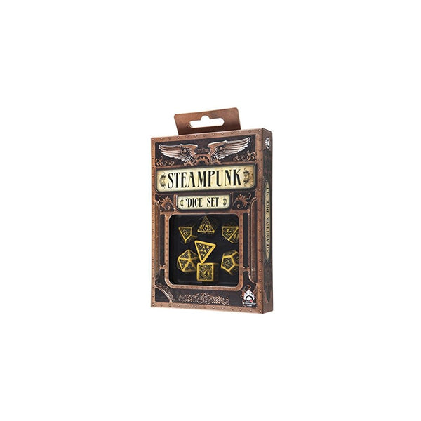 Q-Workshop Polyhedral 7-Die Set: Carved Steampunk Dice Set (Yellow and Black)