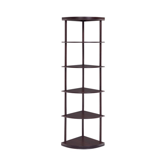 Illuminating corner bookcase with five pie-shaped shelves, Brown