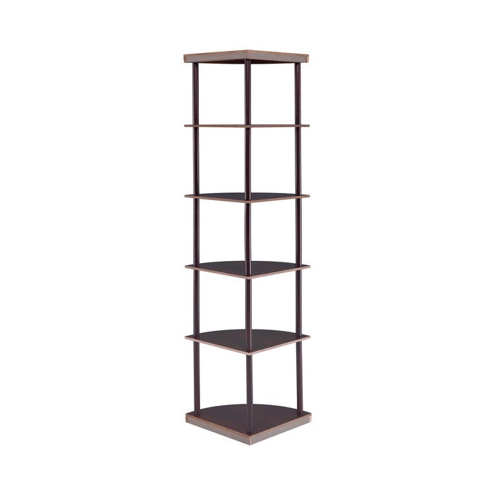 Illuminating corner bookcase with five pie-shaped shelves, Brown