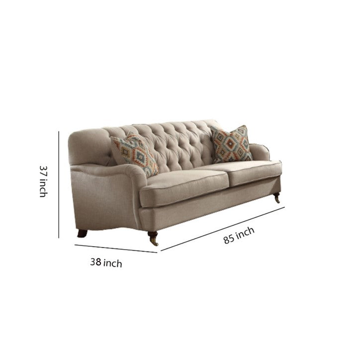 Fabric Upholstered Sofa with 2 Pillows, Beige