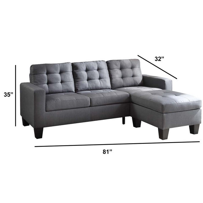 L Shaped Tufted Fabric Sectional Sofa with Reversible Ottoman, Gray