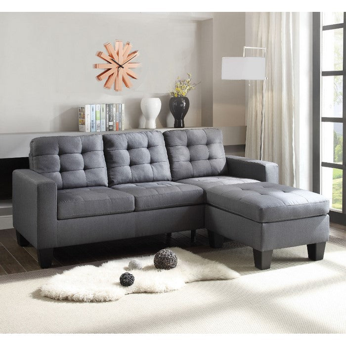 L Shaped Tufted Fabric Sectional Sofa with Reversible Ottoman, Gray
