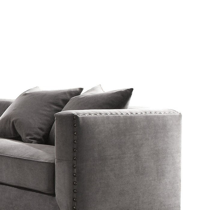 Regal Gray Velvet Sofa with 4 Pillows