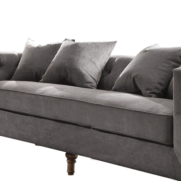 Regal Gray Velvet Sofa with 4 Pillows