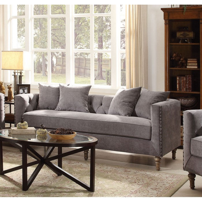 Regal Gray Velvet Sofa with 4 Pillows