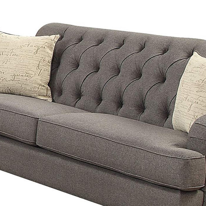 Upholstered Gray Fabric Sofa with 2 Pillows