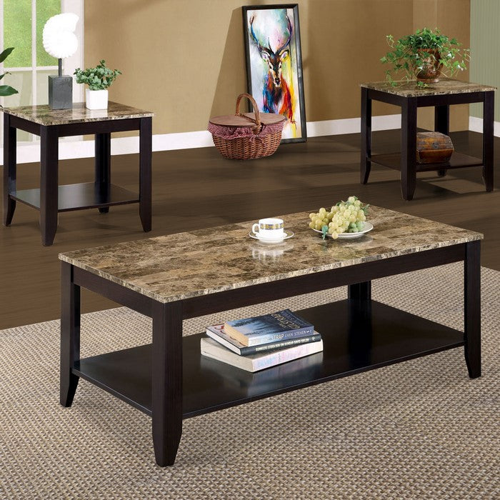 Artistic 3 piece occasional table set with Marble Top, Brown