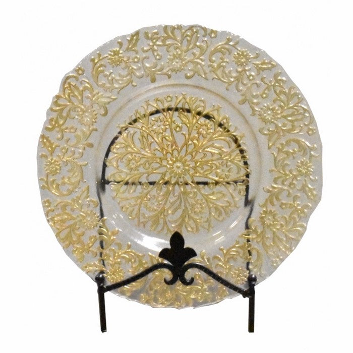 Impeccable Glass Charger Plates With Floral Patten, Clear And Gold
