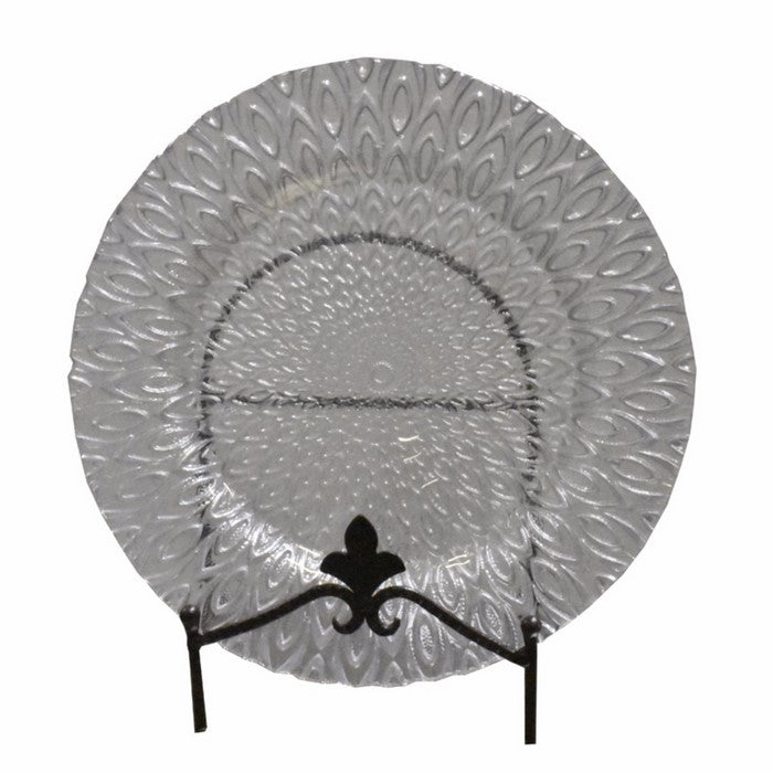 Appealing Glass Charger With Engraved Pattern, Clear And Silver