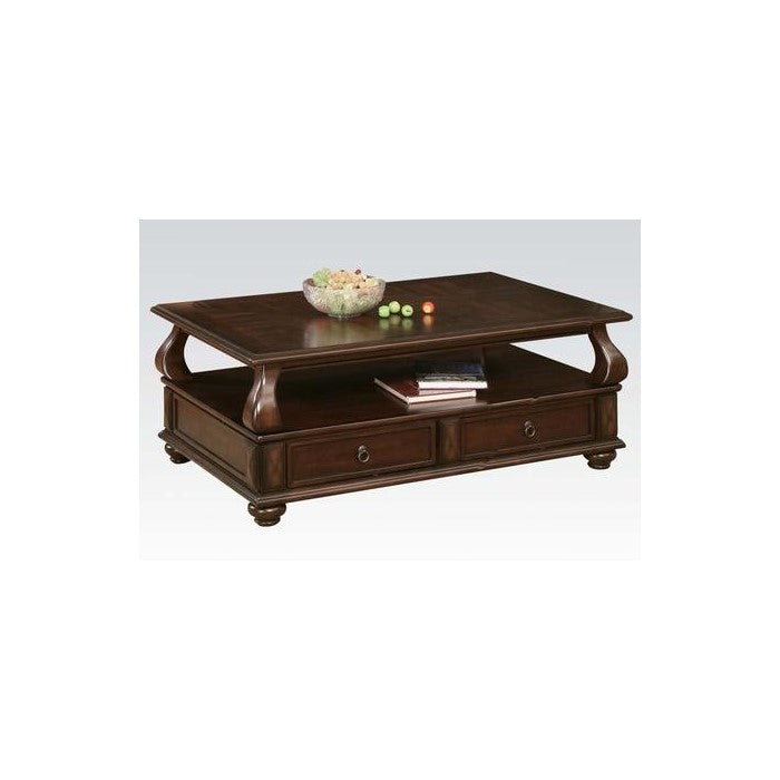 2 Drawer Wooden Coffee Table with Bun Feet and Ring Pulls, Brown
