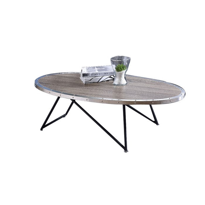 15 Inch Oval Coffee Table with Irregular Metal Base, Gray