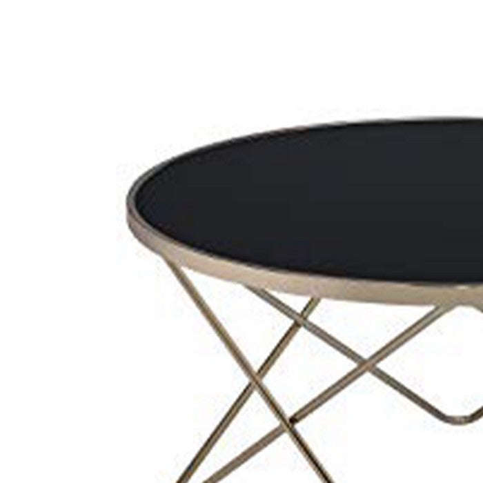 18 Inch Glass Top Coffee Table with Metal Base, Black and Gold