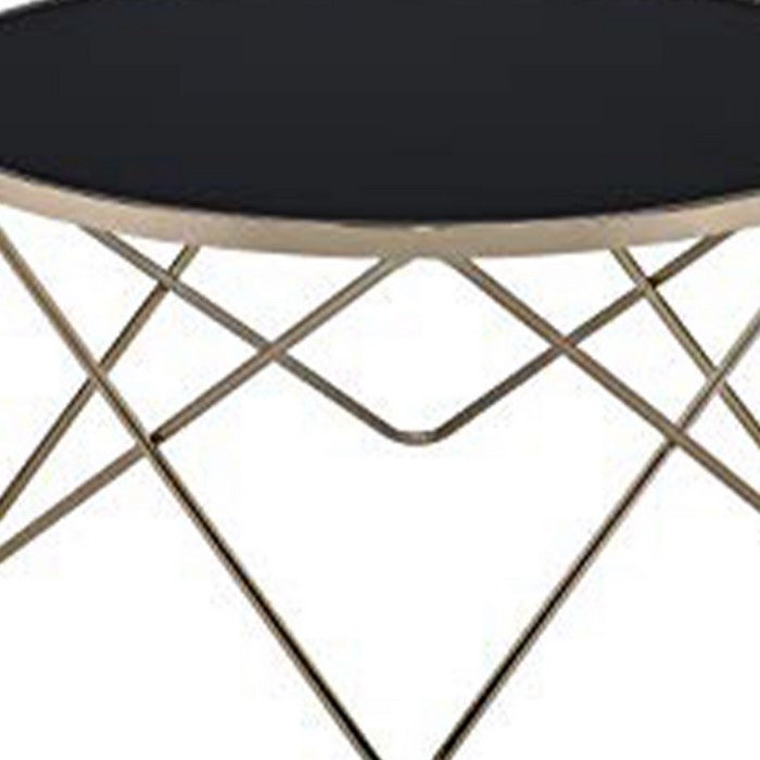 18 Inch Glass Top Coffee Table with Metal Base, Black and Gold