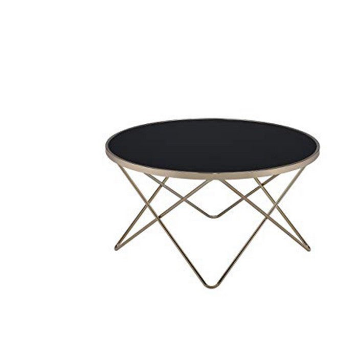 18 Inch Glass Top Coffee Table with Metal Base, Black and Gold