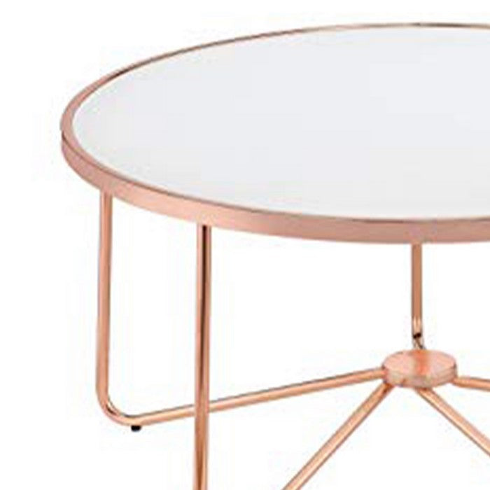 18 Inch Round Coffee Table with Frosted Glass Top, Rose Gold