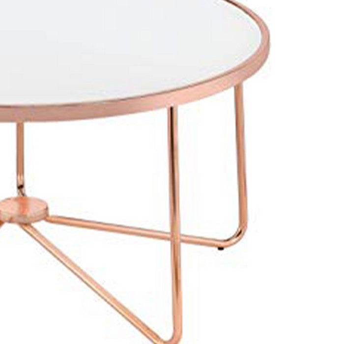18 Inch Round Coffee Table with Frosted Glass Top, Rose Gold
