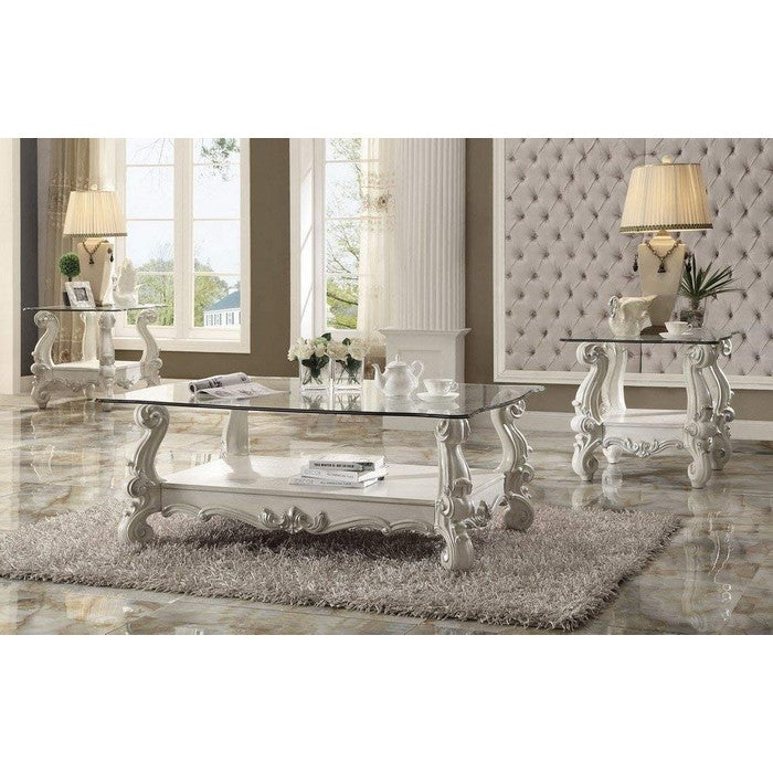Traditional Style Wooden Coffee Table with Beveled Edge Glass Top, White and Clear