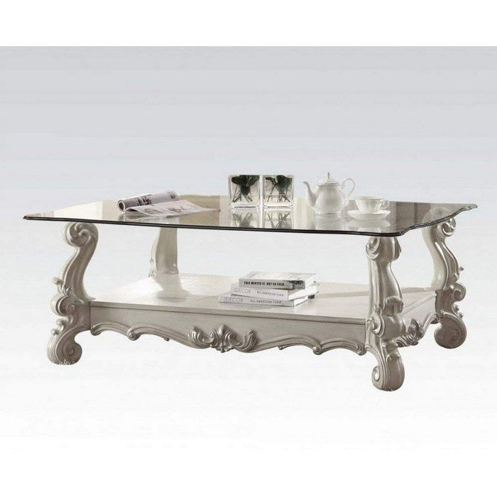 Traditional Style Wooden Coffee Table with Beveled Edge Glass Top, White and Clear