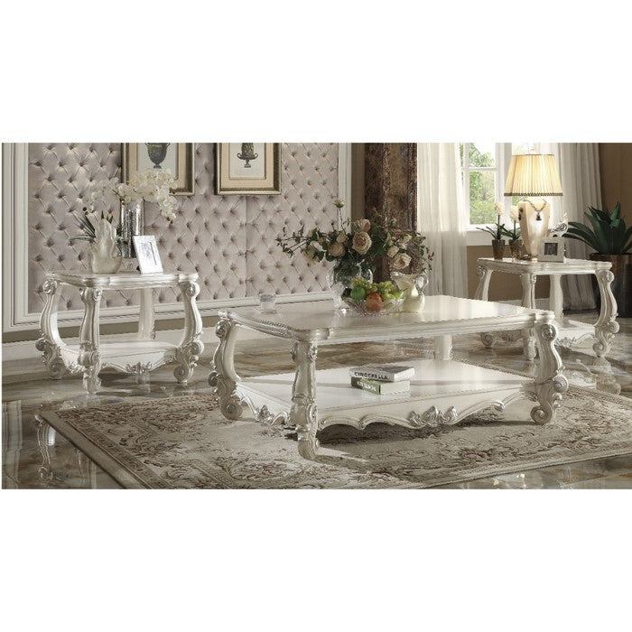 21 Inch Wooden Coffee Table with Carved Details, White