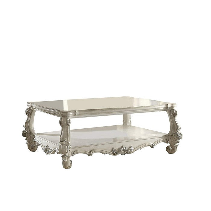 21 Inch Wooden Coffee Table with Carved Details, White